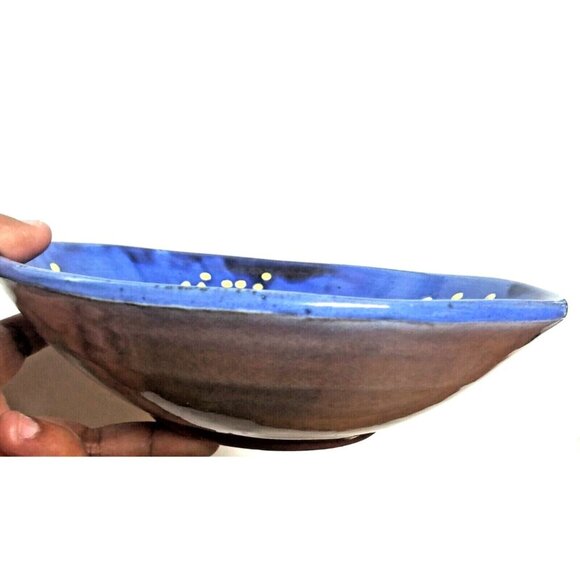 Earthworks Barbados Glazed Pottery bowl Gorgeous 8"x2.25" floral blue yellow EUC - Picture 2 of 6